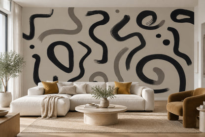 Abstract Brushstroke Wallpaper Black Lines Wall Mural