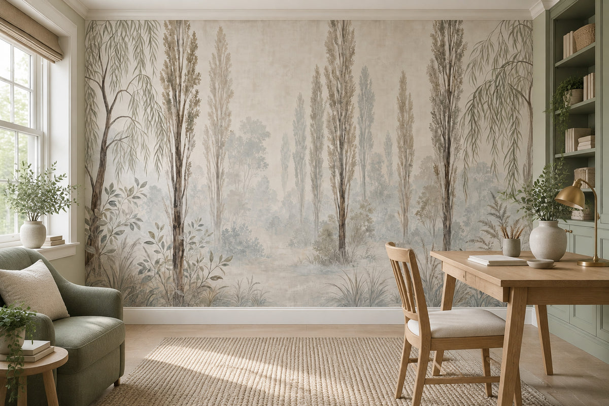 Misty Woodland Trees Wallpaper Watercolor Garden Landscape Wall Mural
