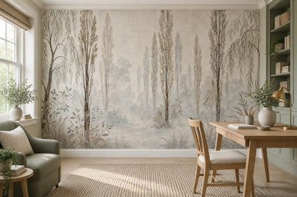 Misty Woodland Trees Wallpaper Watercolor Garden Landscape Wall Mural