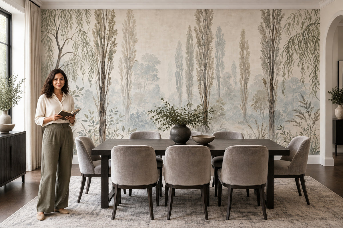 Misty Woodland Trees Wallpaper Watercolor Garden Landscape Wall Mural