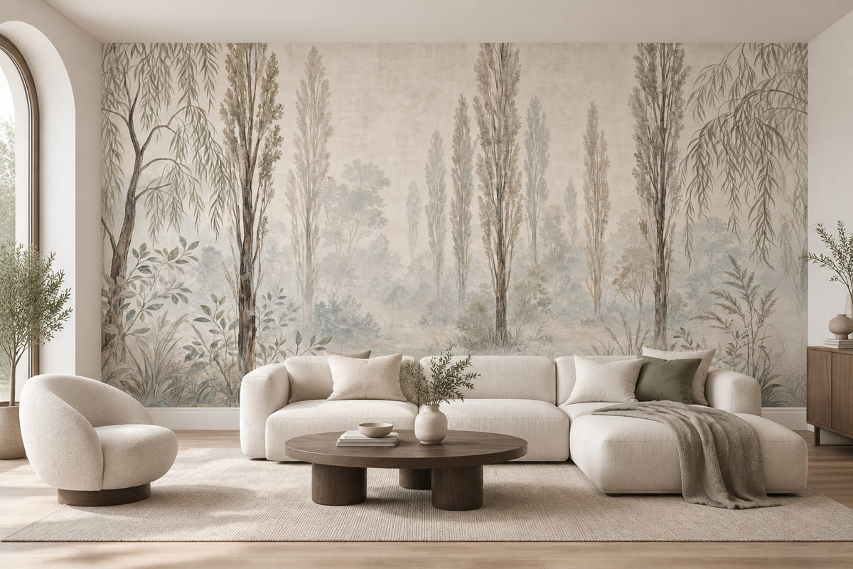 Misty Woodland Trees Wallpaper Watercolor Garden Landscape Wall Mural