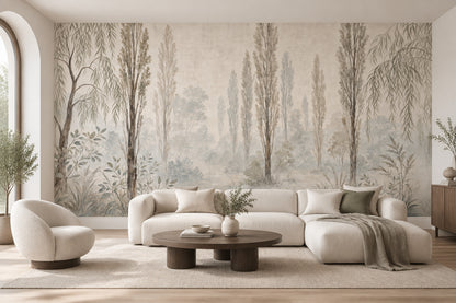 Misty Woodland Trees Wallpaper Watercolor Garden Landscape Wall Mural