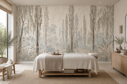 Misty Woodland Trees Wallpaper Watercolor Garden Landscape Wall Mural