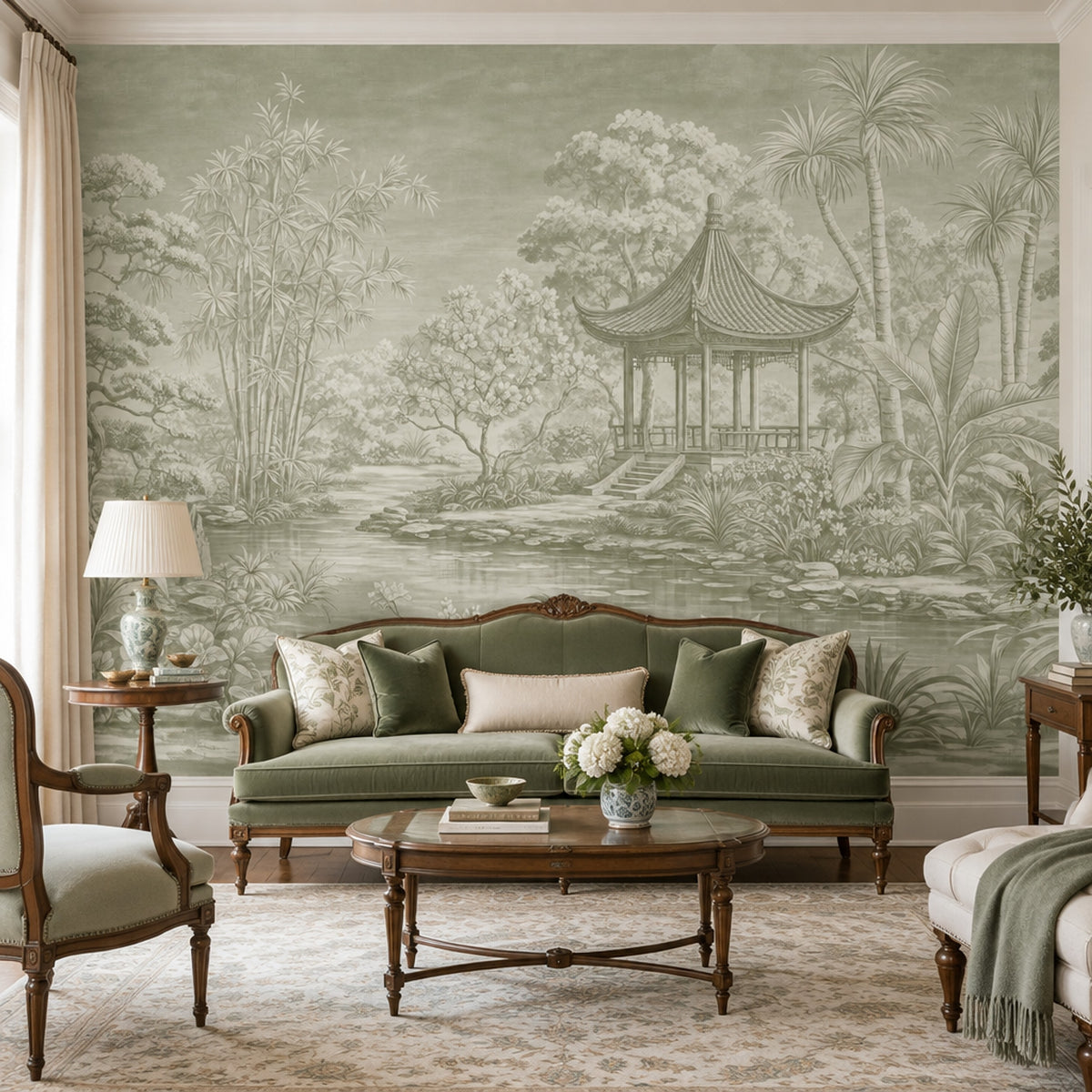 Chinoiserie Pagoda Garden Wallpaper Sage Green Landscape Wall Mural