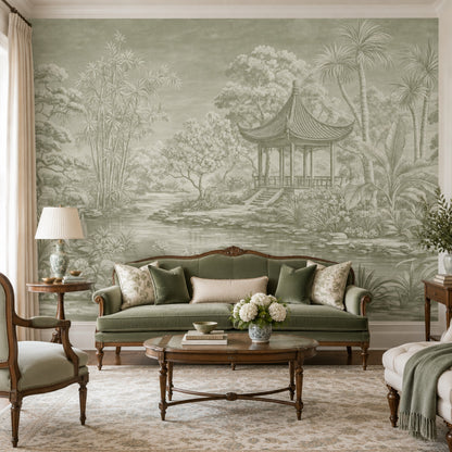 Chinoiserie Pagoda Garden Wallpaper Sage Green Landscape Wall Mural