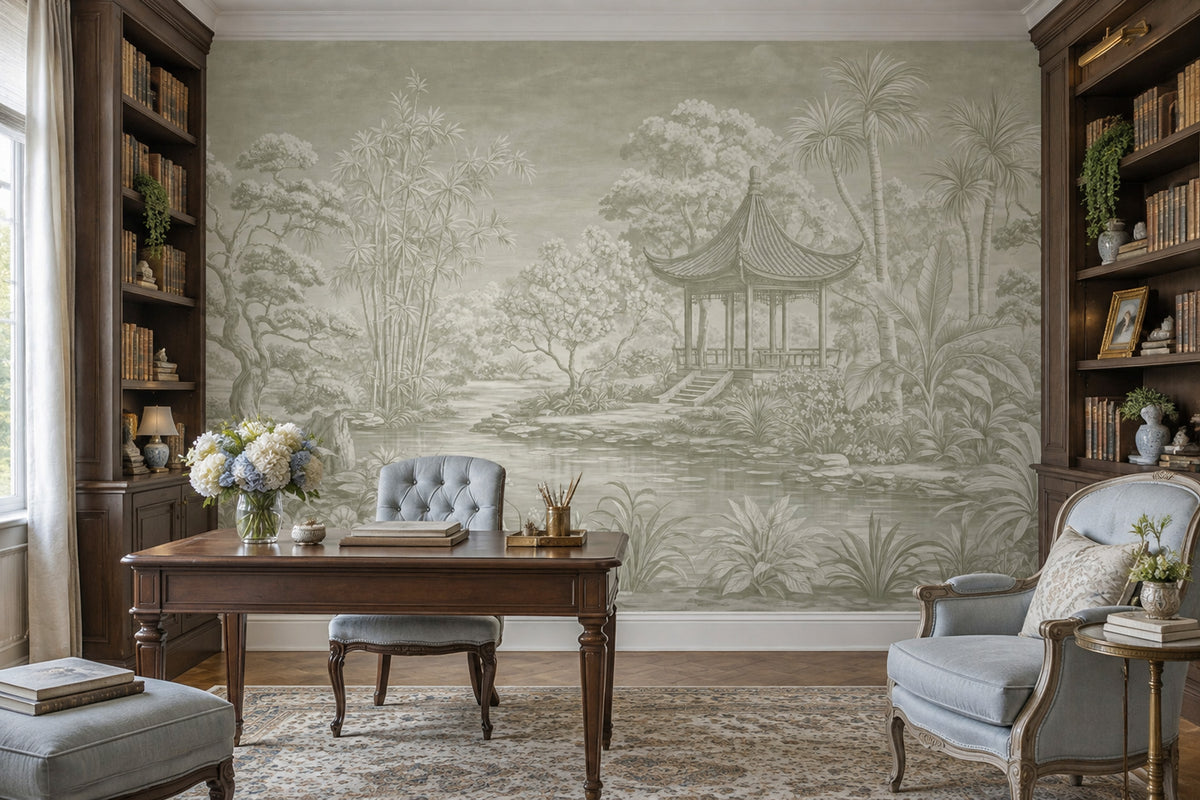 Chinoiserie Pagoda Garden Wallpaper Sage Green Landscape Wall Mural