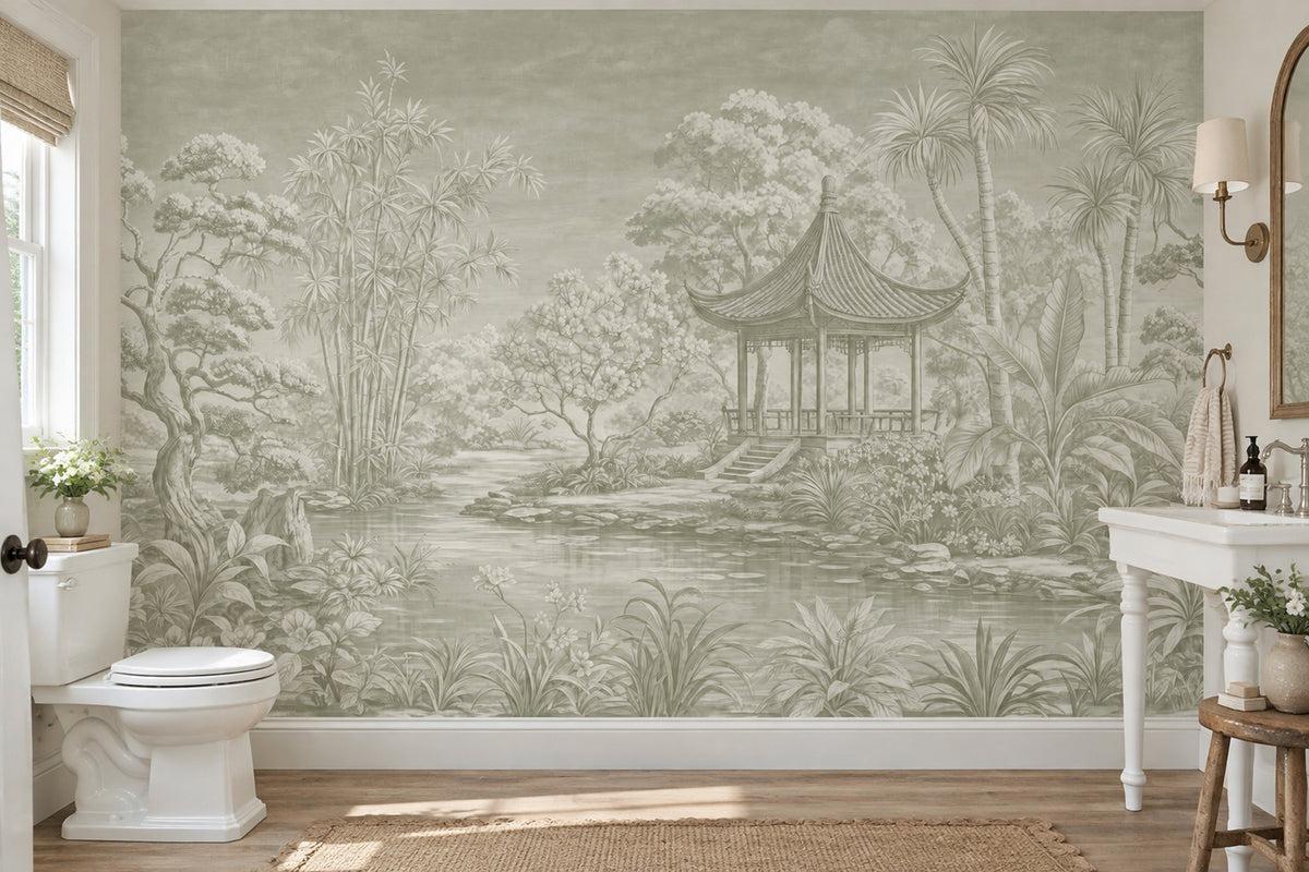 Chinoiserie Pagoda Garden Wallpaper Sage Green Landscape Wall Mural