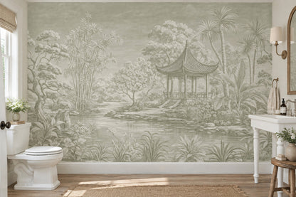Chinoiserie Pagoda Garden Wallpaper Sage Green Landscape Wall Mural