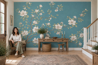 White Blossoms Wallpaper Chinoiserie Botanical Wall Mural