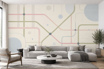 Pastel Transit Map Lines Wallpaper Minimalist Geometric Wall Mural