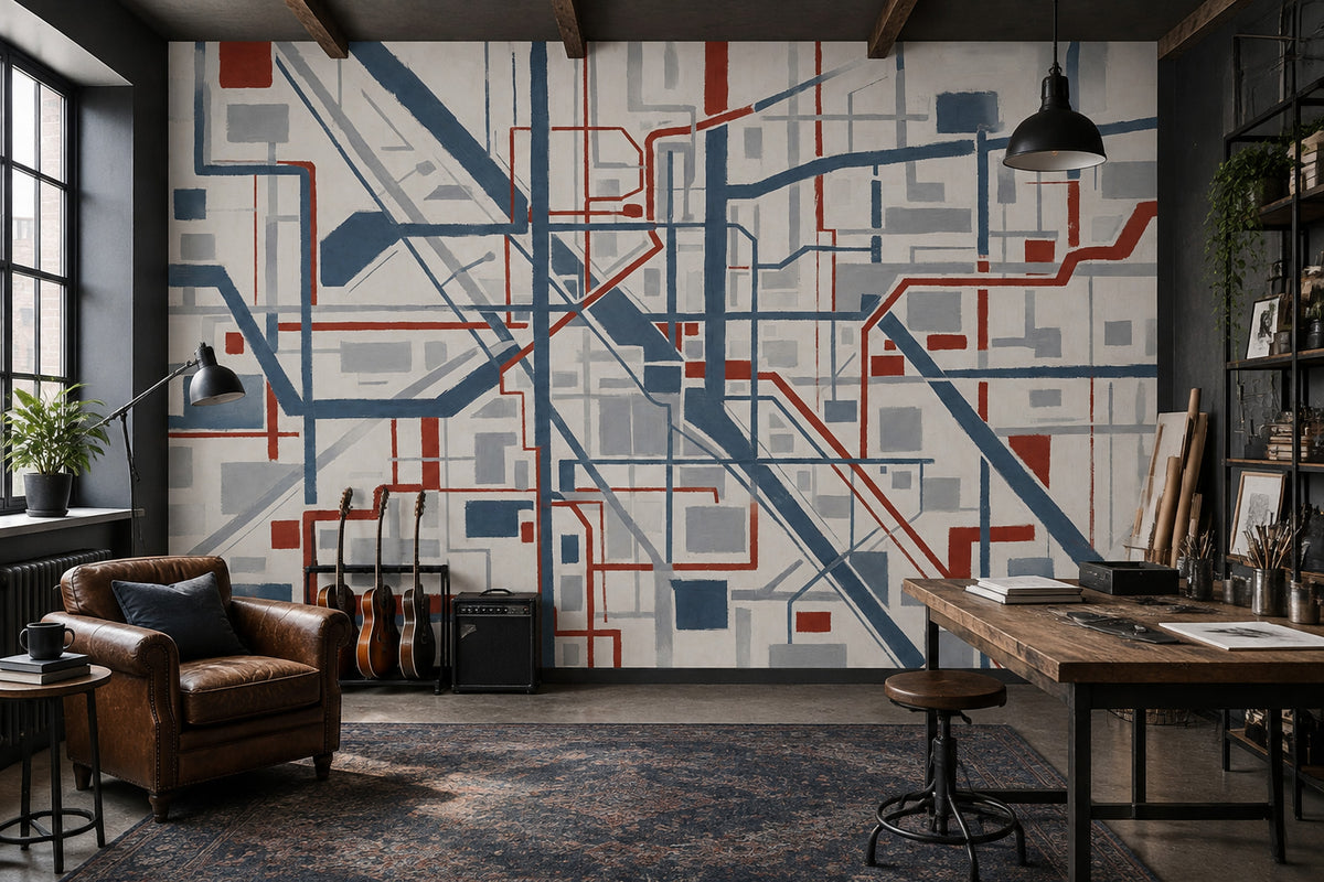 Abstract City Grid Wallpaper Blue Gray Lines Wall Mural