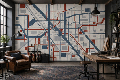 Abstract City Grid Wallpaper Blue Gray Lines Wall Mural