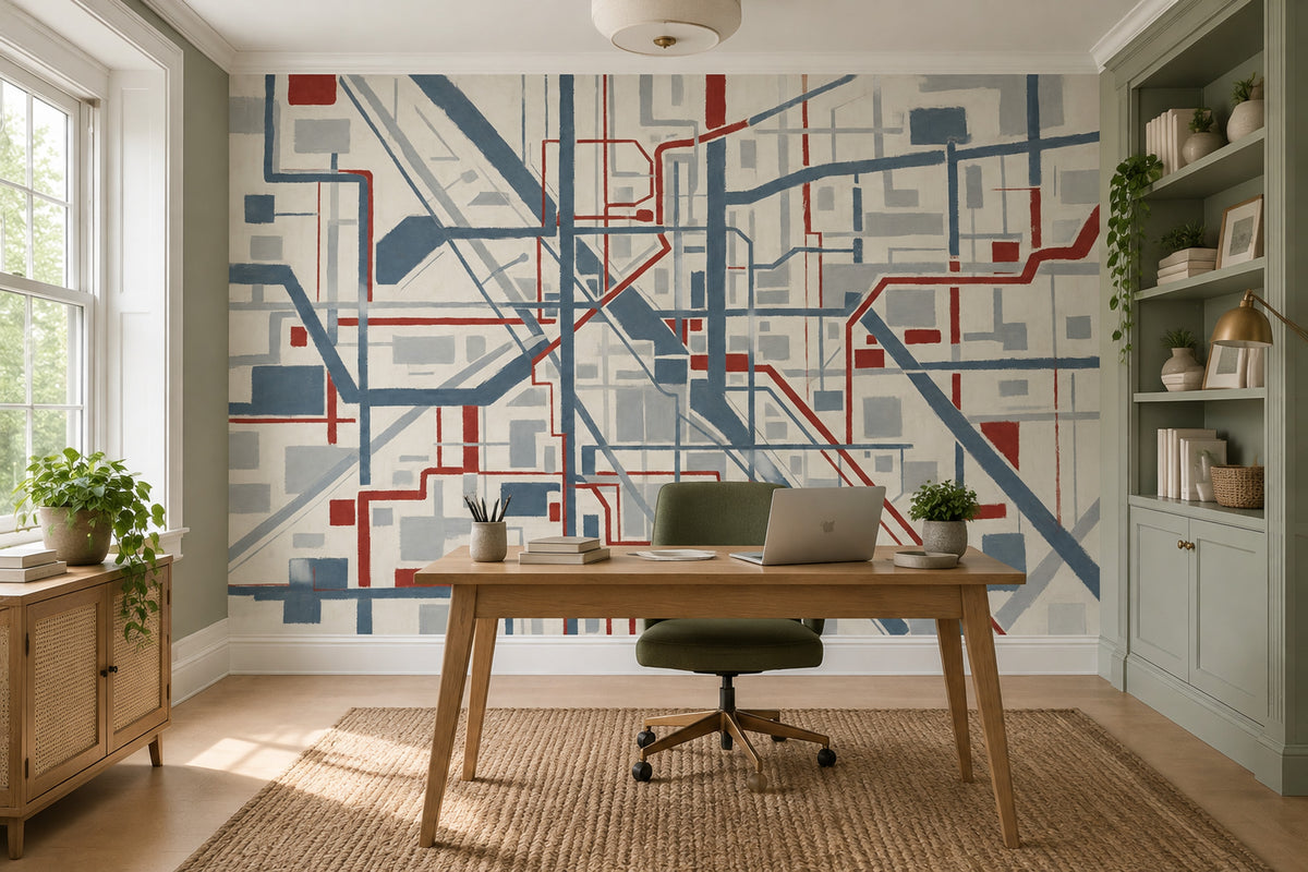 Abstract City Grid Wallpaper Blue Gray Lines Wall Mural
