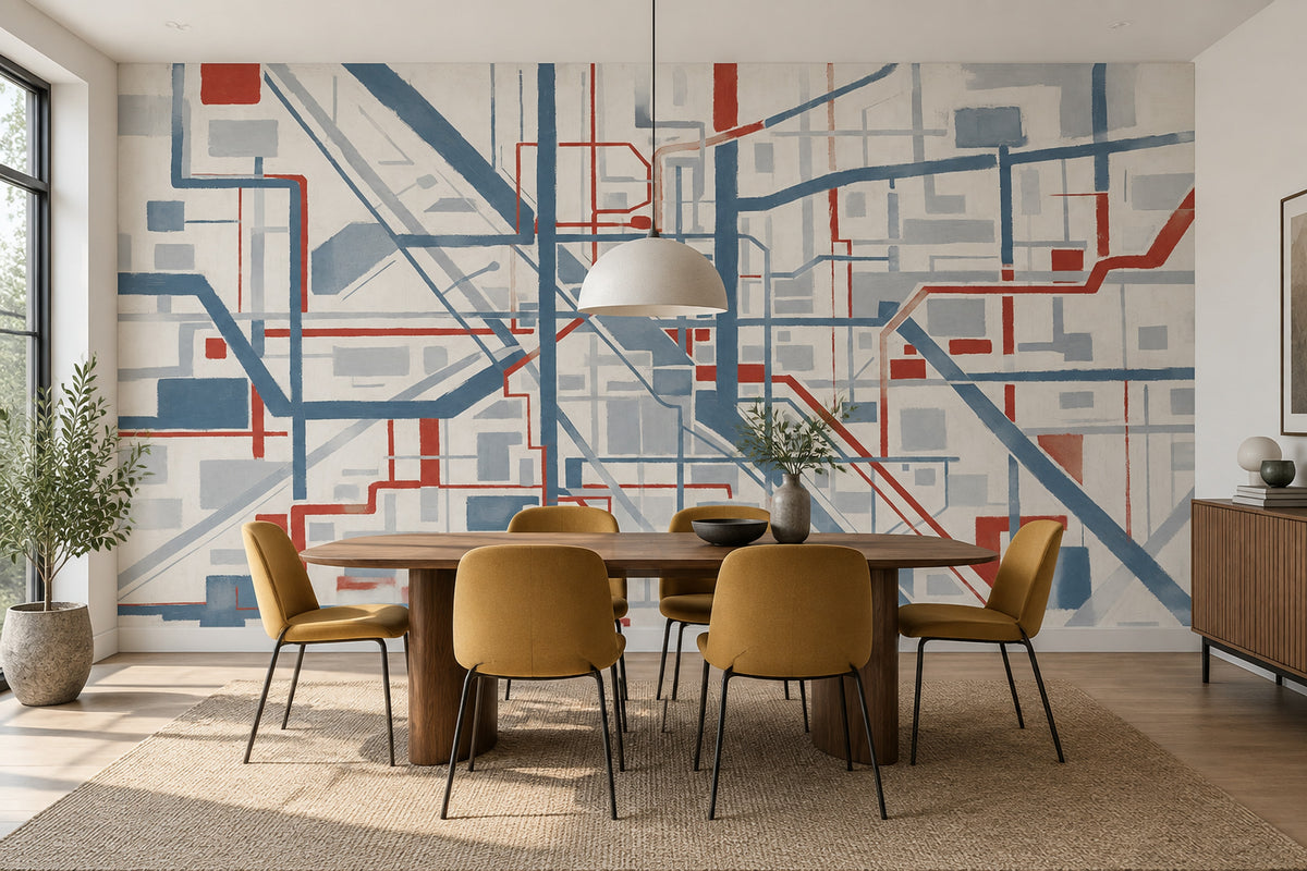 Abstract City Grid Wallpaper Blue Gray Lines Wall Mural