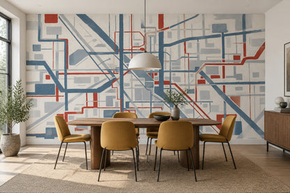 Abstract City Grid Wallpaper Blue Gray Lines Wall Mural