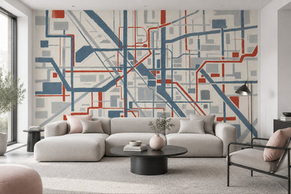 Abstract City Grid Wallpaper Blue Gray Lines Wall Mural