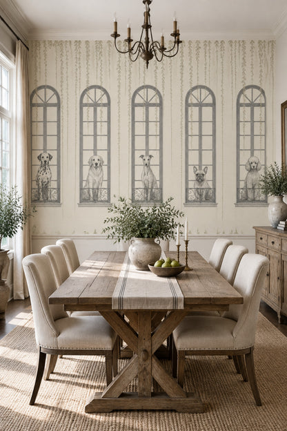 Dogs And Arched Windows Wallpaper French Balcony Wall Mural