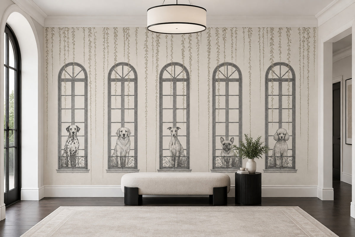 Dogs And Arched Windows Wallpaper French Balcony Wall Mural