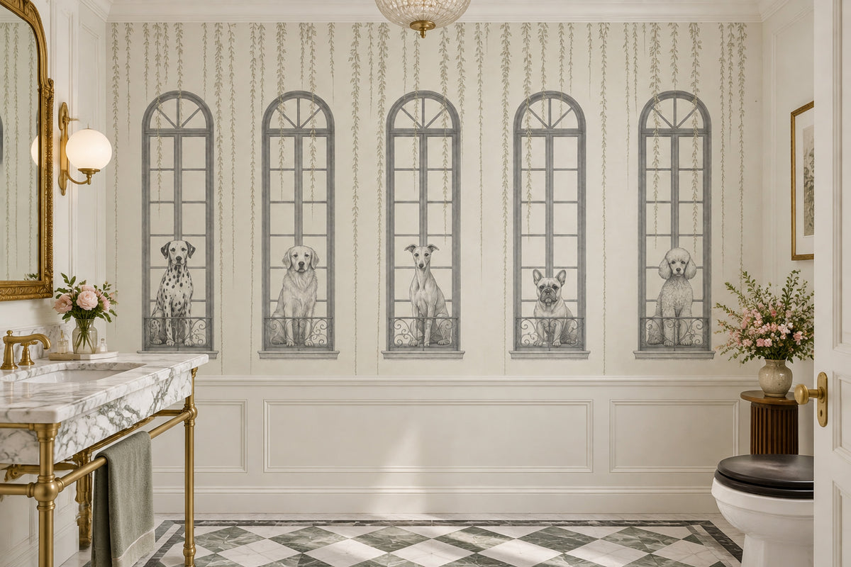Dogs And Arched Windows Wallpaper French Balcony Wall Mural