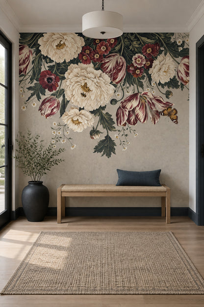 Vintage Peony And Tulip Wallpaper Paper Texture Wall Mural