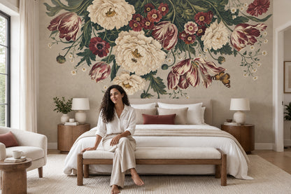 Vintage Peony And Tulip Wallpaper Paper Texture Wall Mural