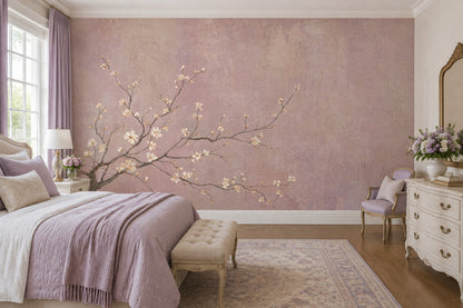 Cherry Blossom Branches Wallpaper Textured Pink Wall Mural
