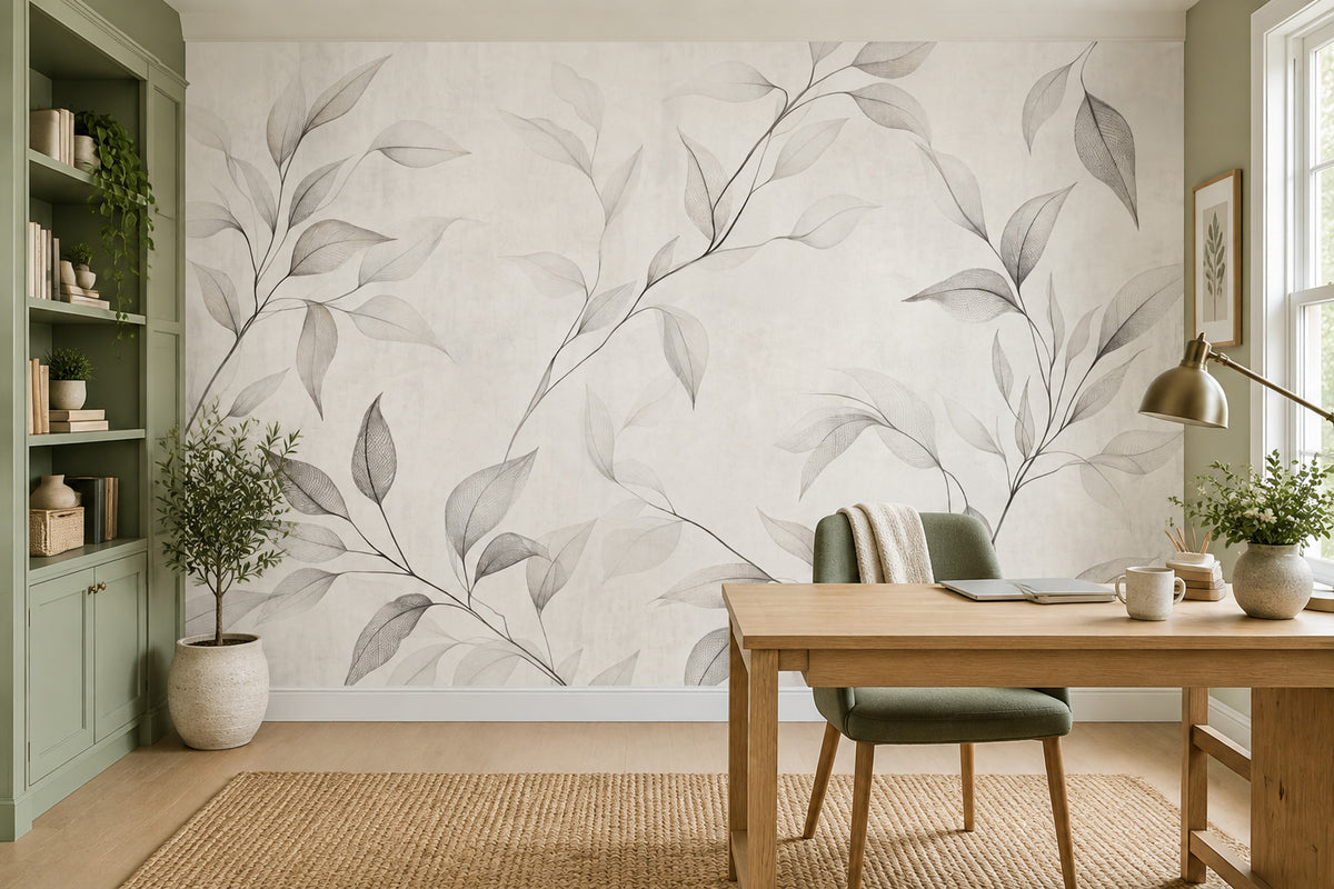 Delicate Leaf Branches Wallpaper Gray Line Art Wall Mural