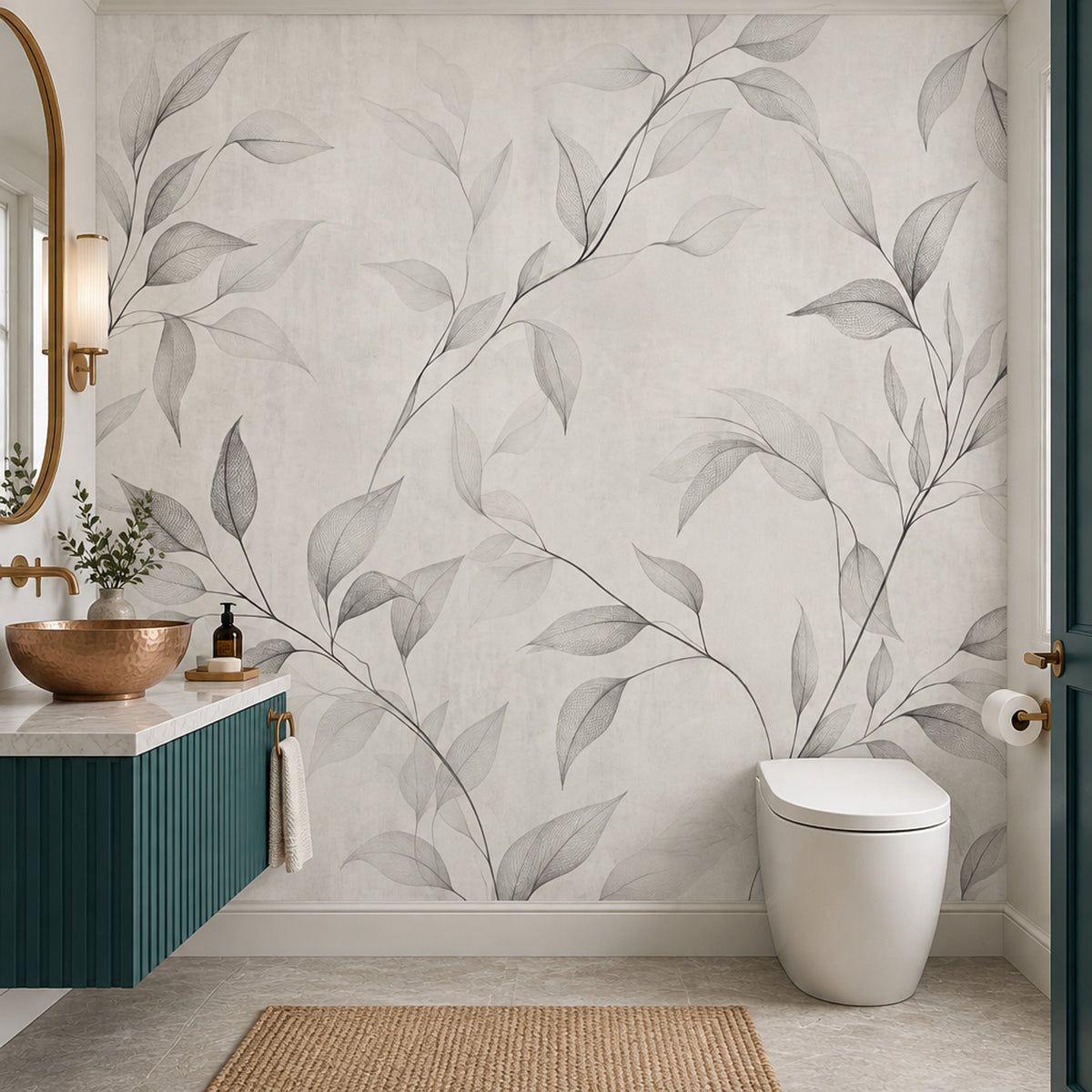 Delicate Leaf Branches Wallpaper Gray Line Art Wall Mural