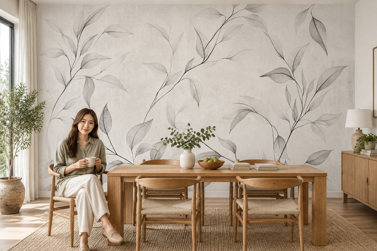 Delicate Leaf Branches Wallpaper Gray Line Art Wall Mural