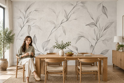 Delicate Leaf Branches Wallpaper Gray Line Art Wall Mural