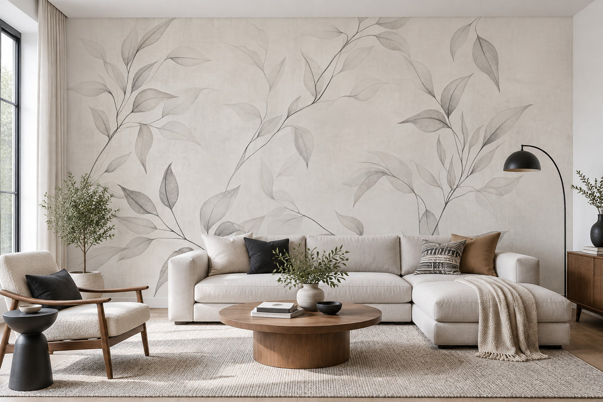 Delicate Leaf Branches Wallpaper Gray Line Art Wall Mural