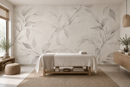 Delicate Leaf Branches Wallpaper Gray Line Art Wall Mural