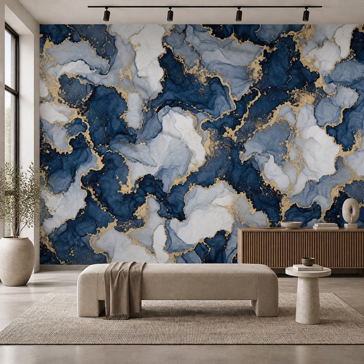 Navy And Gold Abstract Marble Wallpaper Luxury Fluid Wall Mural
