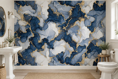 Navy And Gold Abstract Marble Wallpaper Luxury Fluid Wall Mural