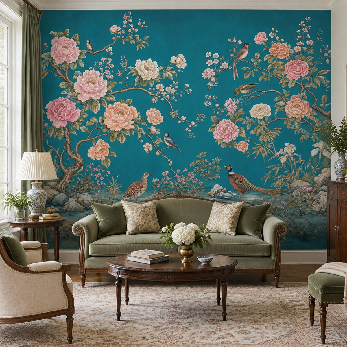 Teal Chinoiserie Peonies And Birds Wallpaper Oriental Garden Wall Mural