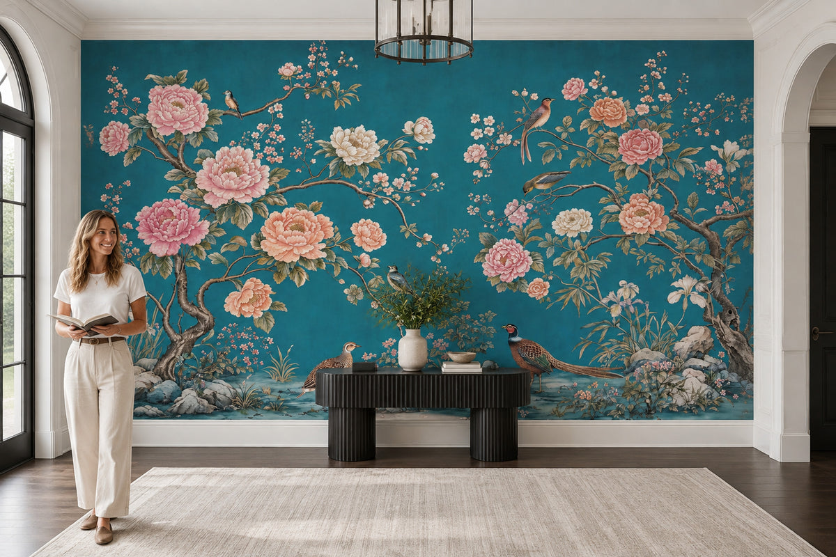 Teal Chinoiserie Peonies And Birds Wallpaper Oriental Garden Wall Mural
