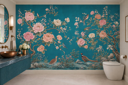 Teal Chinoiserie Peonies And Birds Wallpaper Oriental Garden Wall Mural