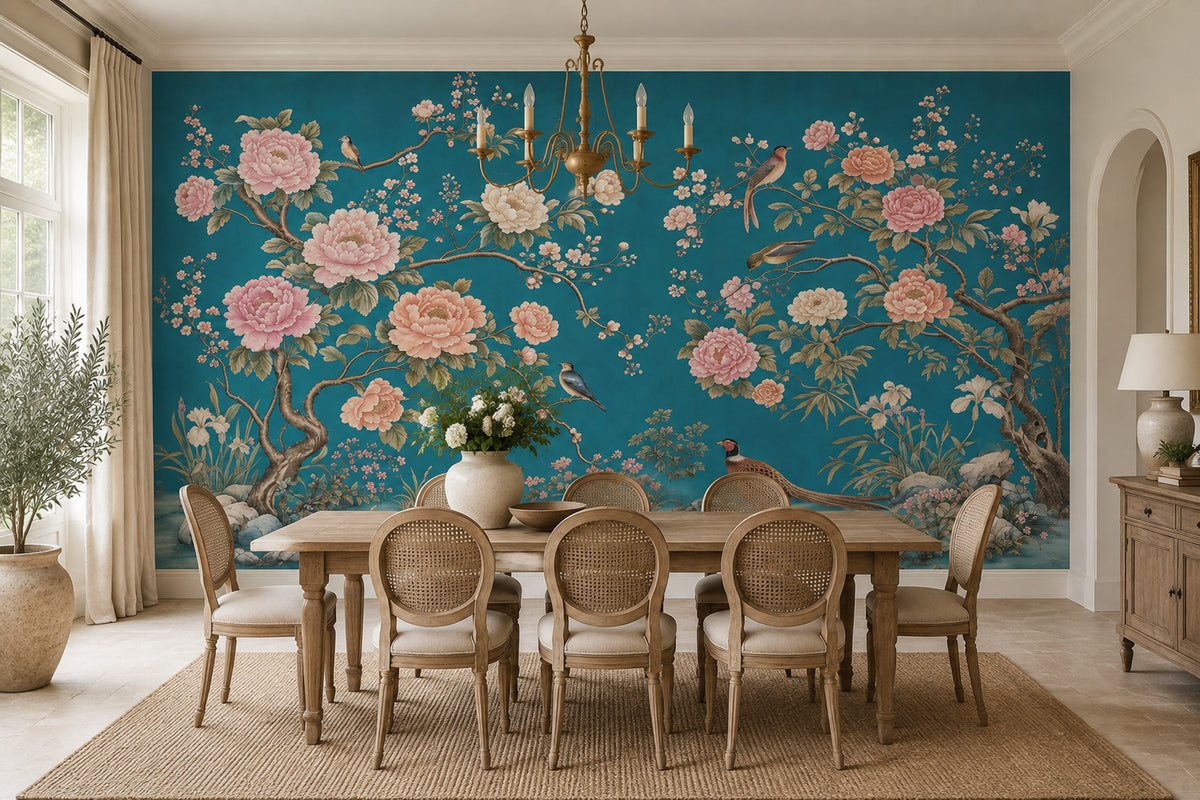 Teal Chinoiserie Peonies And Birds Wallpaper Oriental Garden Wall Mural