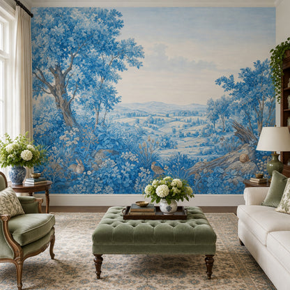 Blue Pastoral Landscape Wallpaper Vintage Toile Wall Mural