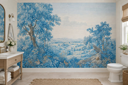 Blue Pastoral Landscape Wallpaper Vintage Toile Wall Mural