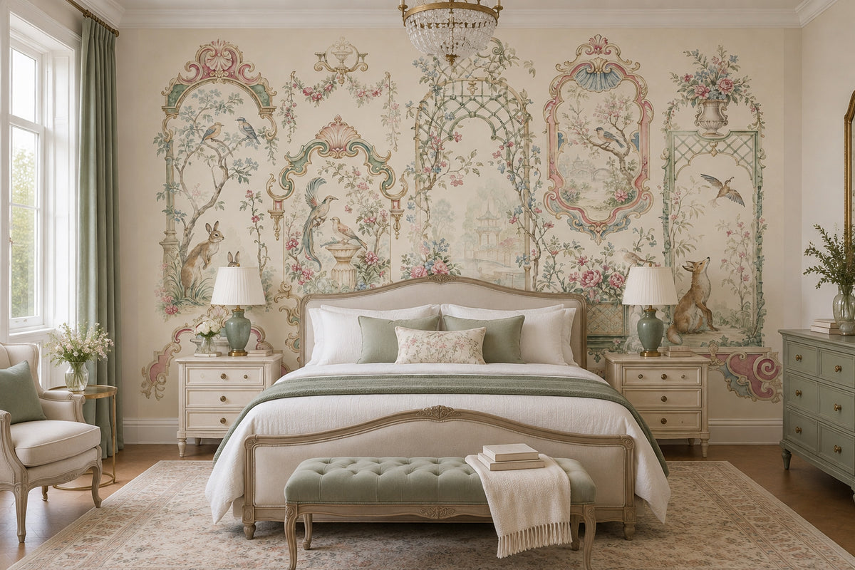 Chinoiserie Garden Scenes Wallpaper Ornate Frames Wall Mural
