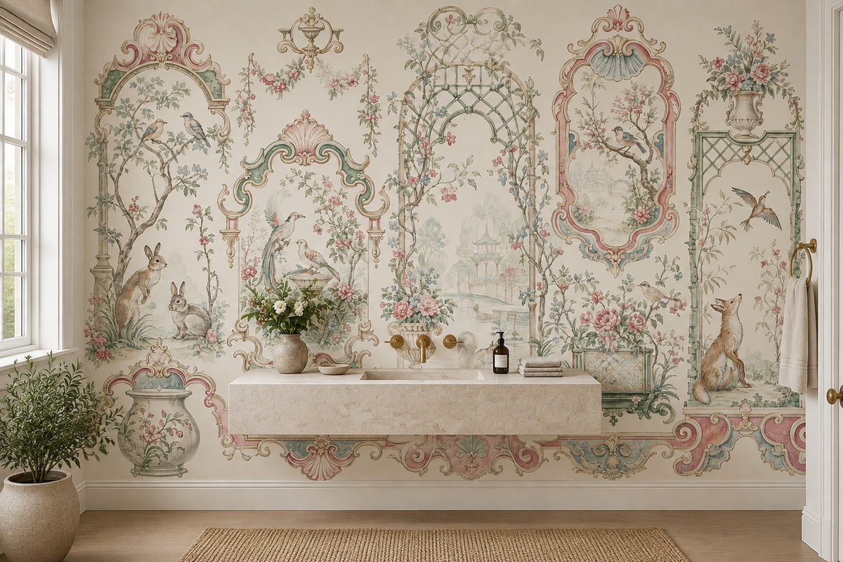 Chinoiserie Garden Scenes Wallpaper Ornate Frames Wall Mural