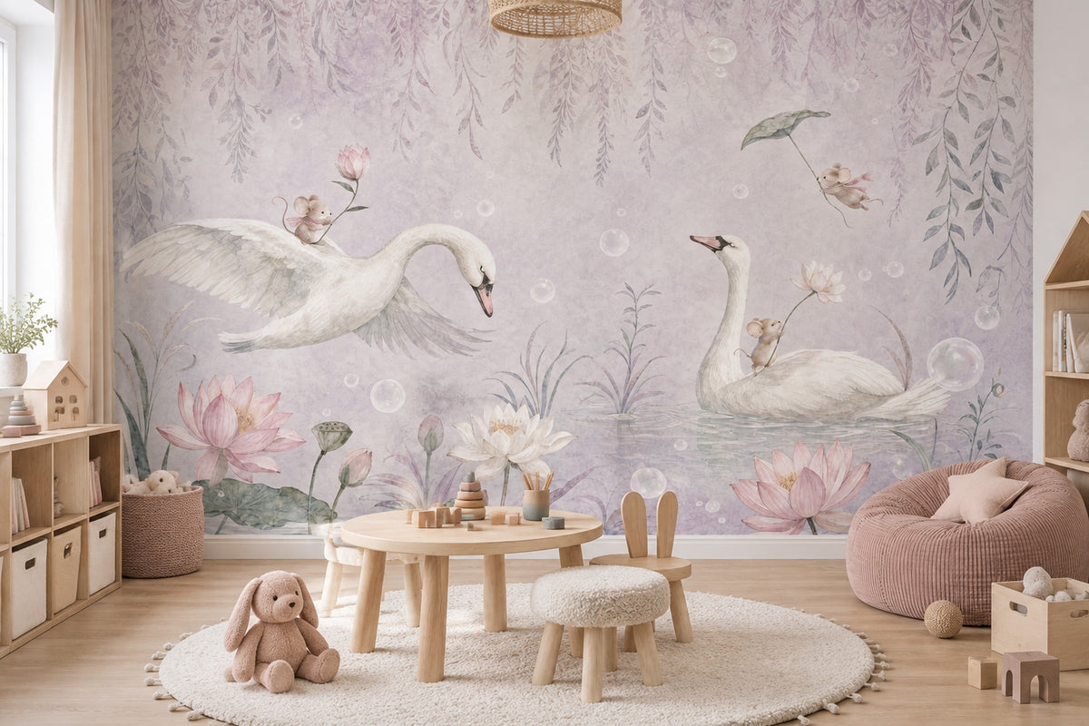Watercolor Swans Wallpaper Pastel Pond Garden Wall Mural