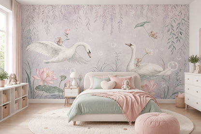 Watercolor Swans Wallpaper Pastel Pond Garden Wall Mural
