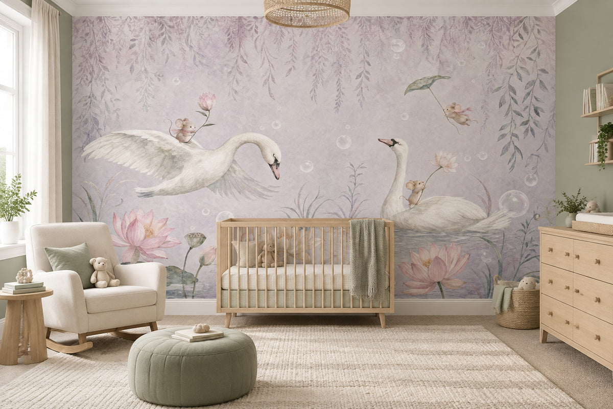 Watercolor Swans Wallpaper Pastel Pond Garden Wall Mural