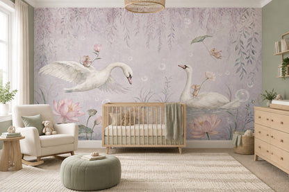 Watercolor Swans Wallpaper Pastel Pond Garden Wall Mural