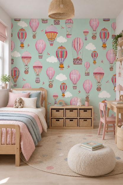 Hot Air Balloon Animals Wallpaper Watercolor Sky Wall Mural