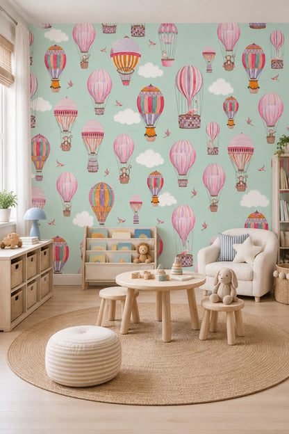 Hot Air Balloon Animals Wallpaper Watercolor Sky Wall Mural