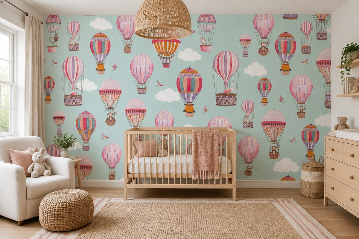 Hot Air Balloon Animals Wallpaper Watercolor Sky Wall Mural