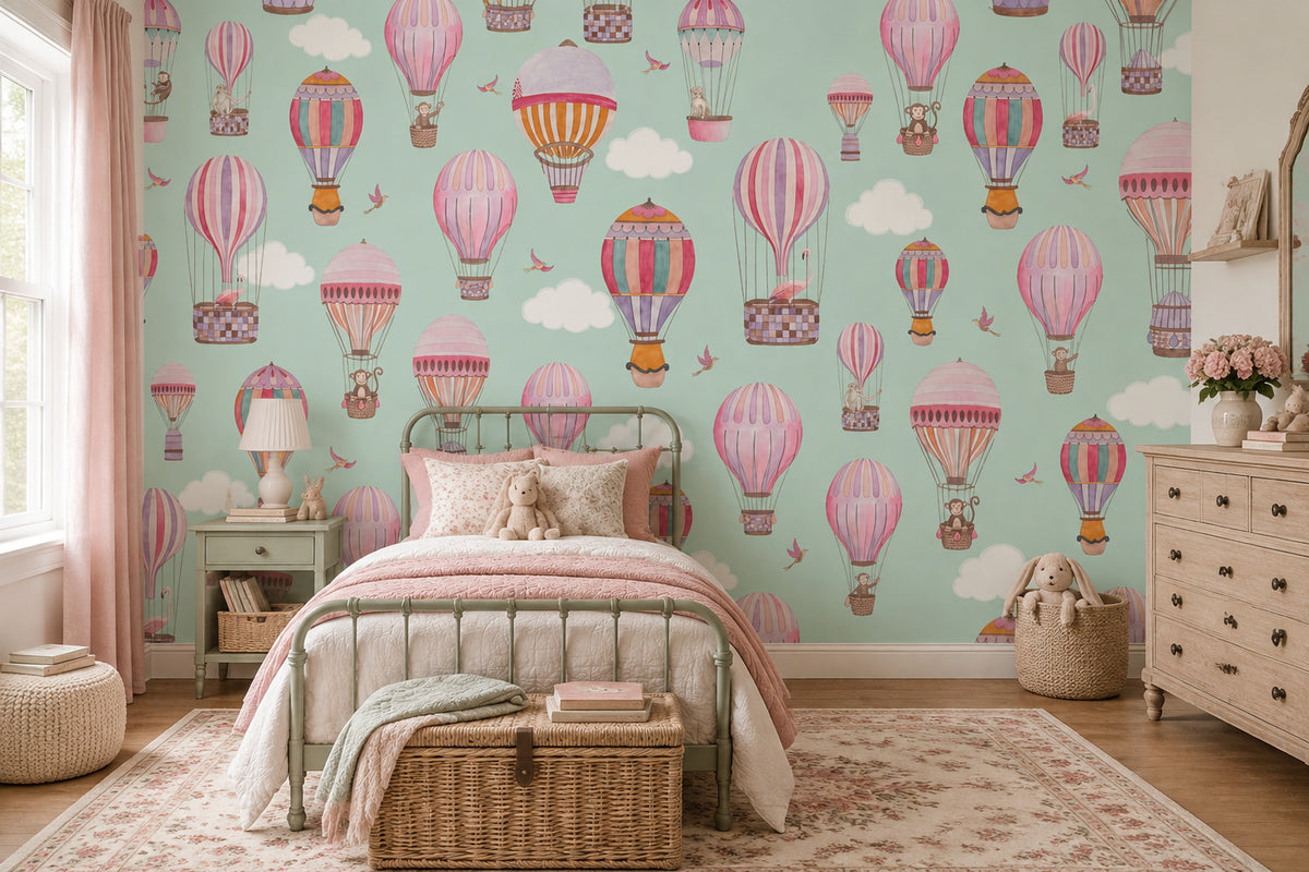 Hot Air Balloon Animals Wallpaper Watercolor Sky Wall Mural